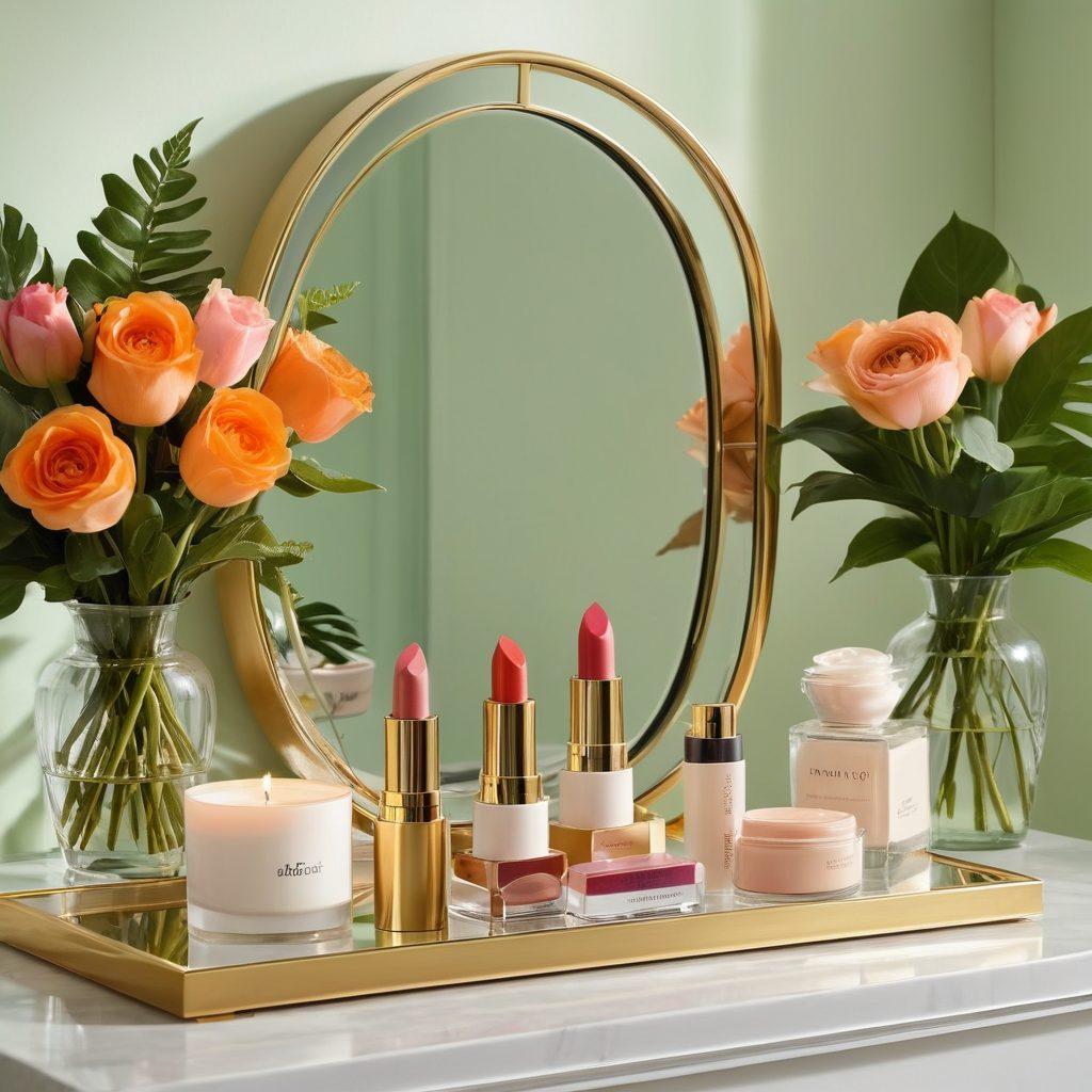 A serene vanity scene featuring elegant Aloette cosmetics, including vibrantly colored lipsticks and natural skincare products, surrounded by fresh flowers and soft lighting to evoke a luxurious ambiance. Add elements of nature, like green leaves and subtle golden accents, to highlight the brand's natural ethos. Include reflections in a chic mirror to create depth. super-realistic. vibrant colors. soft focus.