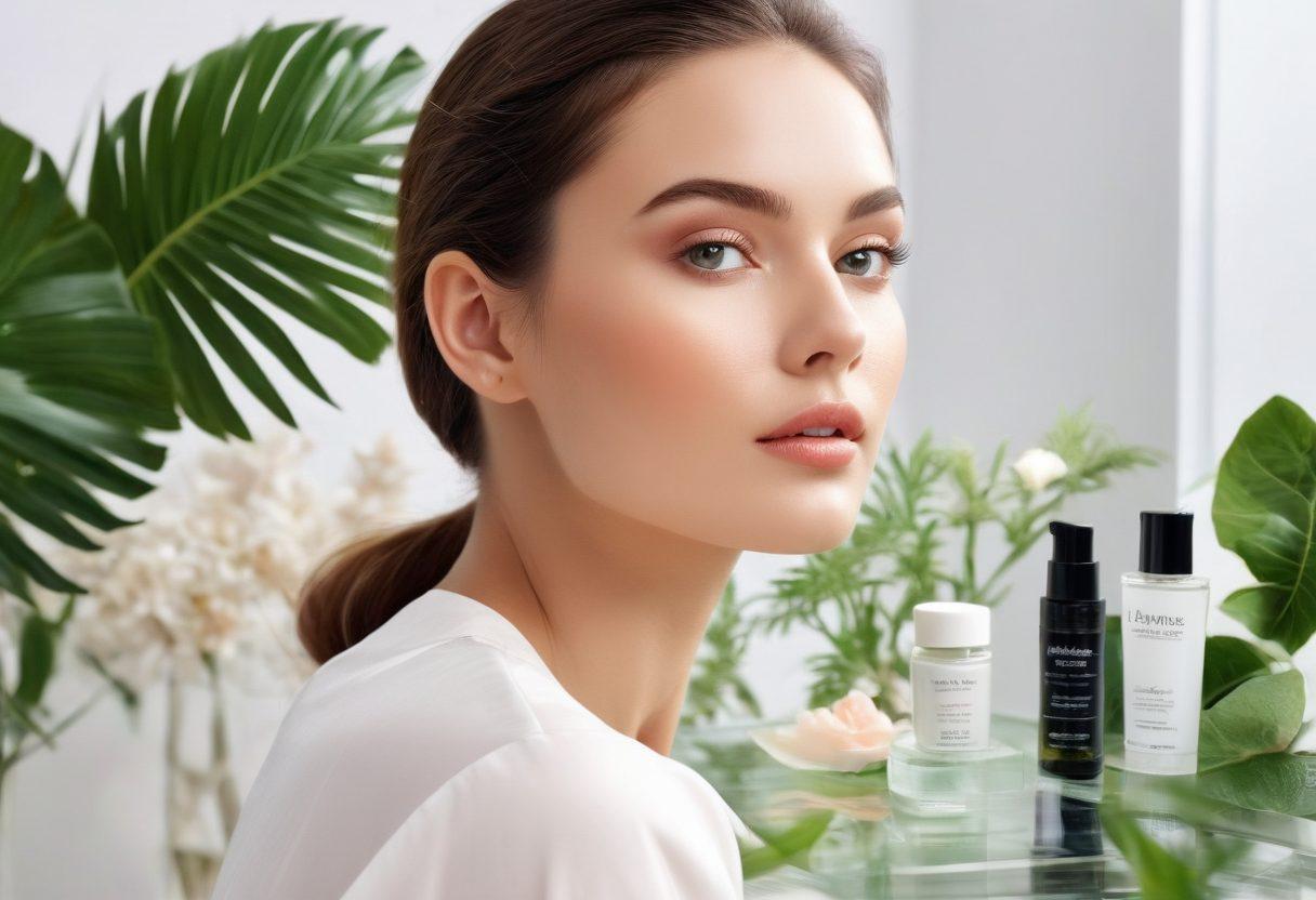 A beautifully arranged collection of Aloette's premium skincare and makeup products, surrounded by lush botanical elements symbolizing natural beauty. A glowing model with flawless skin applying makeup in a sunlit environment, showcasing diversity in beauty. Include gentle pastel colors that evoke a sense of tranquility and elegance. super-realistic. vibrant colors. white background.